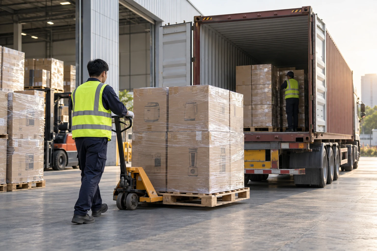 Illustration of appliance cartons being loaded for export shipment from China