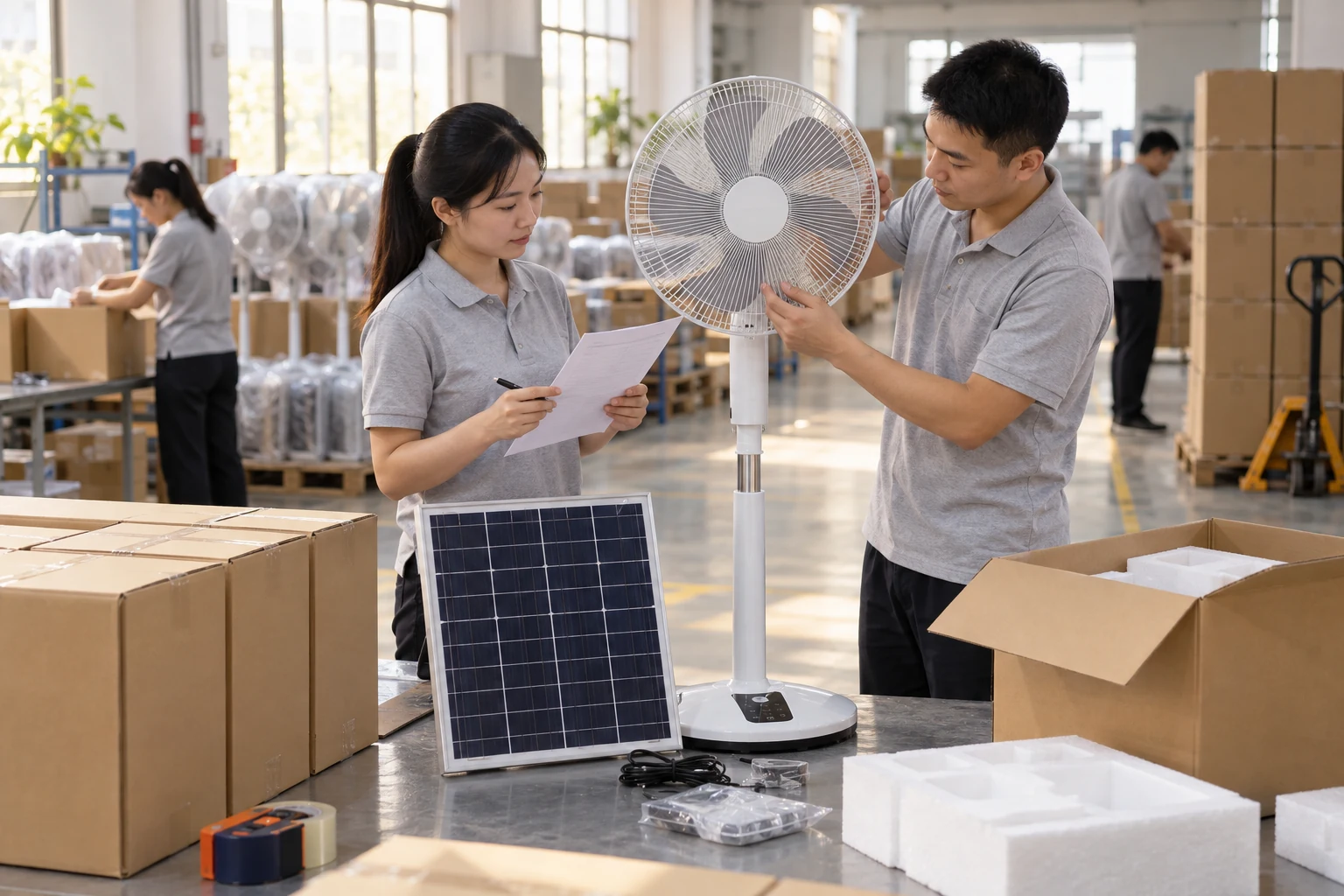 Illustration of solar fan and panel being prepared for export packing in China